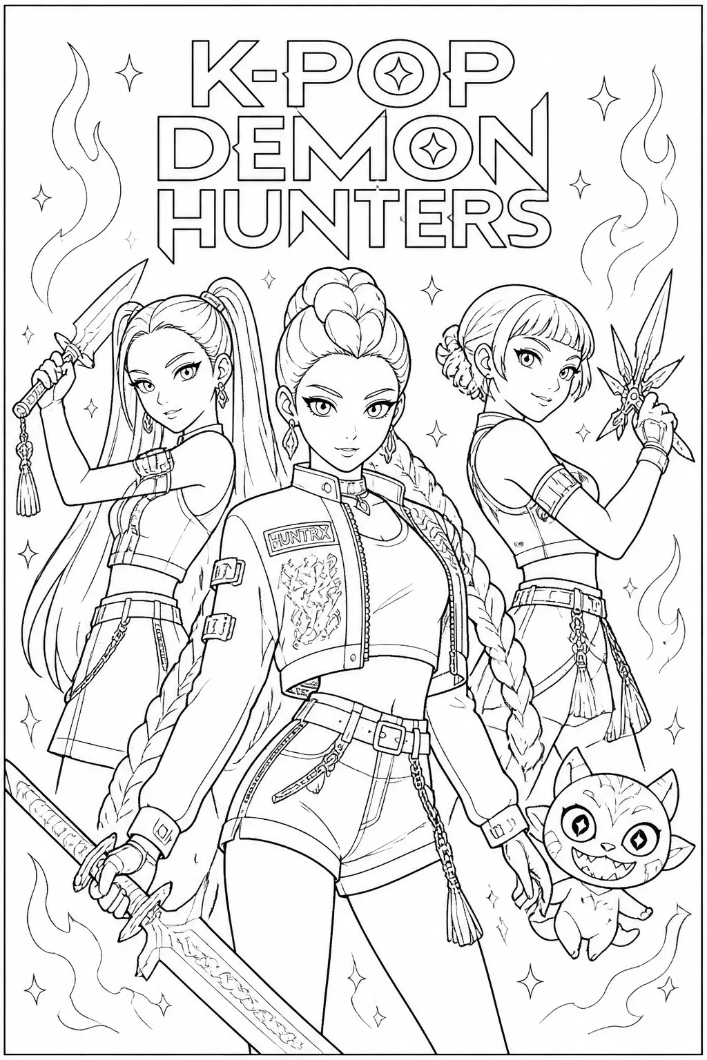 Desenho de Guerreiras do K Pop em Pose de Luta para Colorir