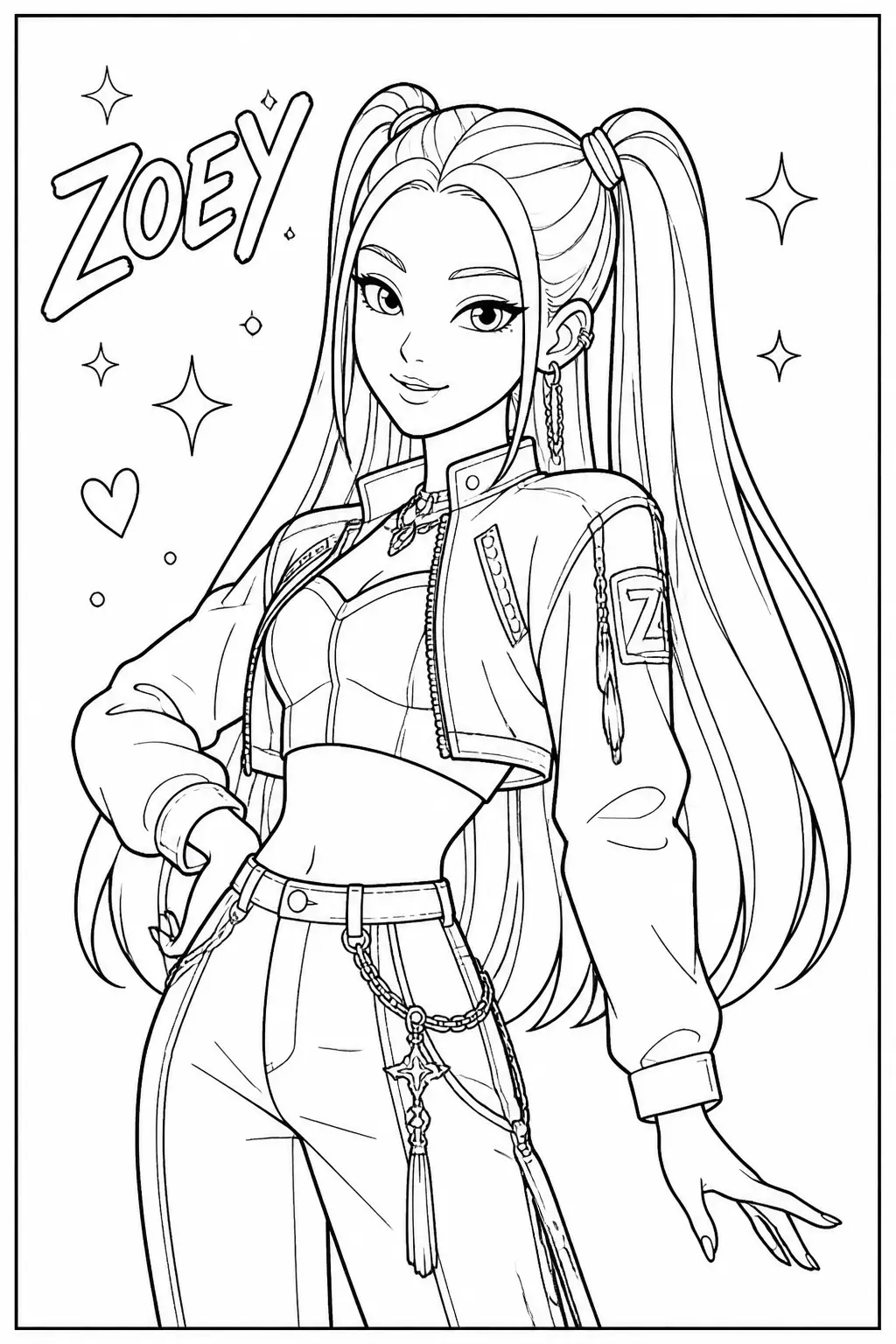 K-Pop girl group warrior pose stage performance Coloring Page A4 black and white bold line