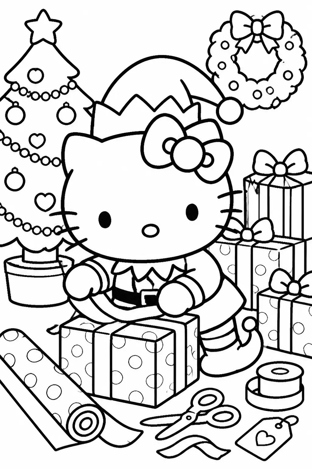Desenho de Hello Kitty a Abrir Presentes de Natal para Colorir