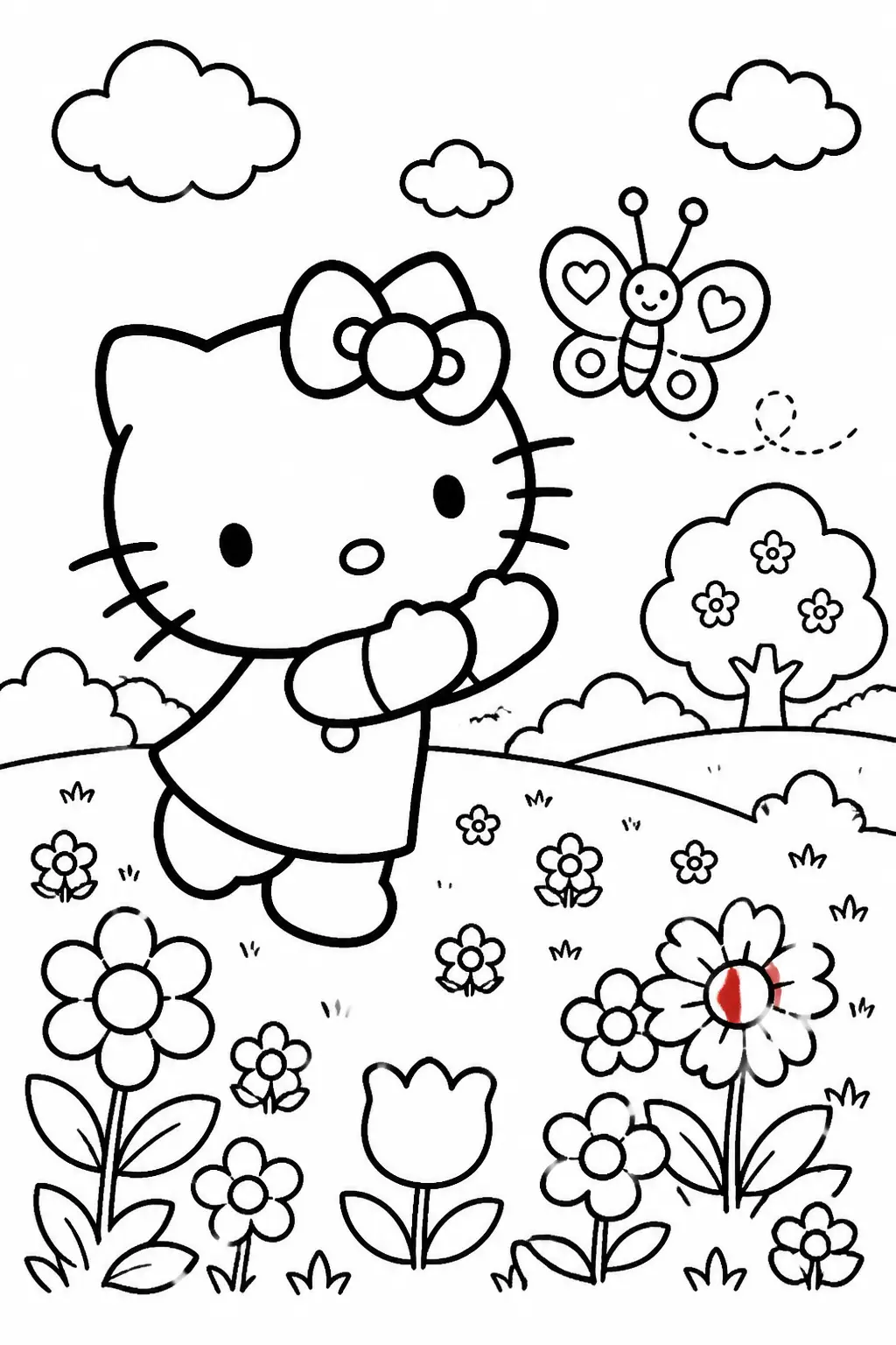 Desenho de Hello Kitty a Brincar com Borboleta no Jardim para Colorir