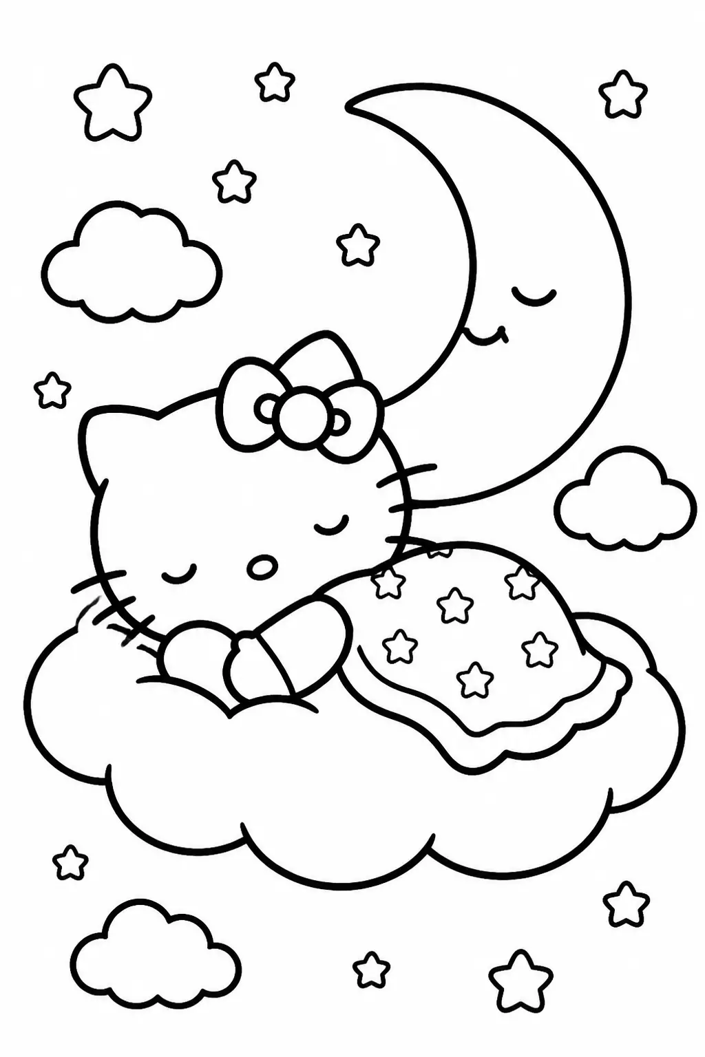 Desenho de Hello Kitty a Dormir na Nuvem com Estrelas para Colorir