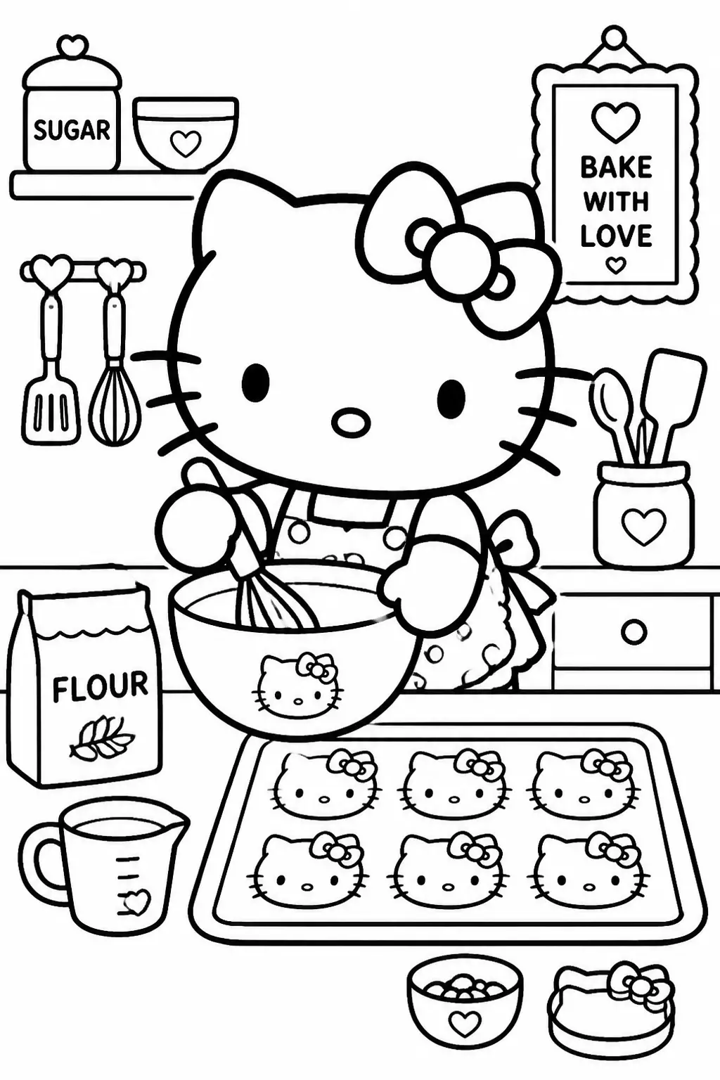 Desenho de Hello Kitty a Fazer Biscoitos na Cozinha para Colorir
