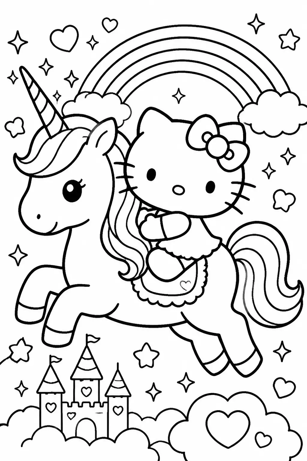 Desenho de Hello Kitty a Montar Unicórnio com Arco Íris para Colorir