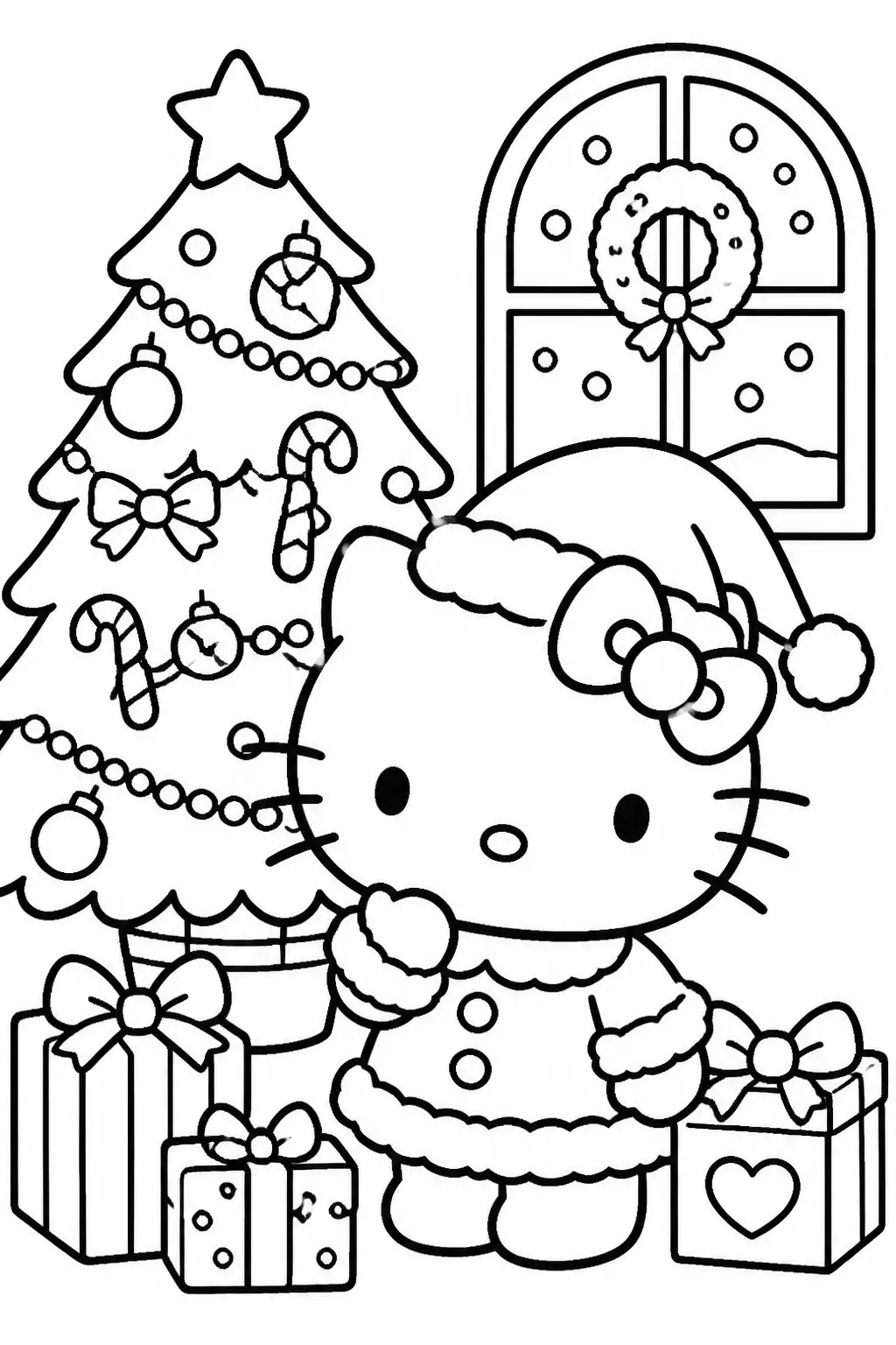 Desenho de Hello Kitty com Árvore de Natal e Presentes para Colorir