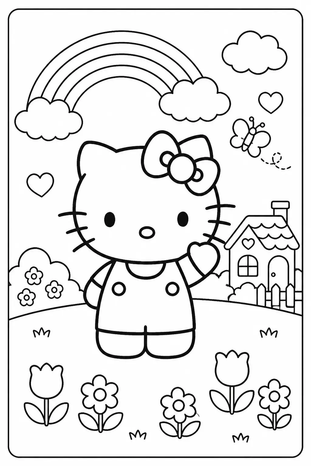 Desenho de Hello Kitty com Arco Íris e Casa para Colorir