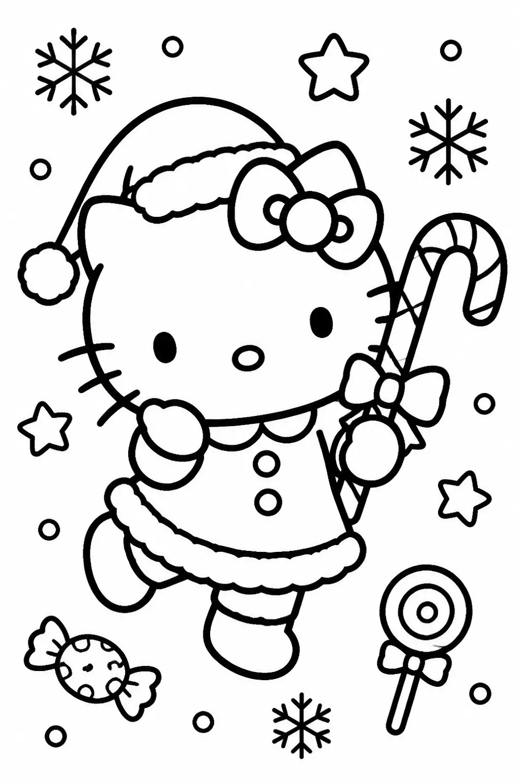 Desenho de Hello Kitty de Natal com Bastão de Doces para Colorir
