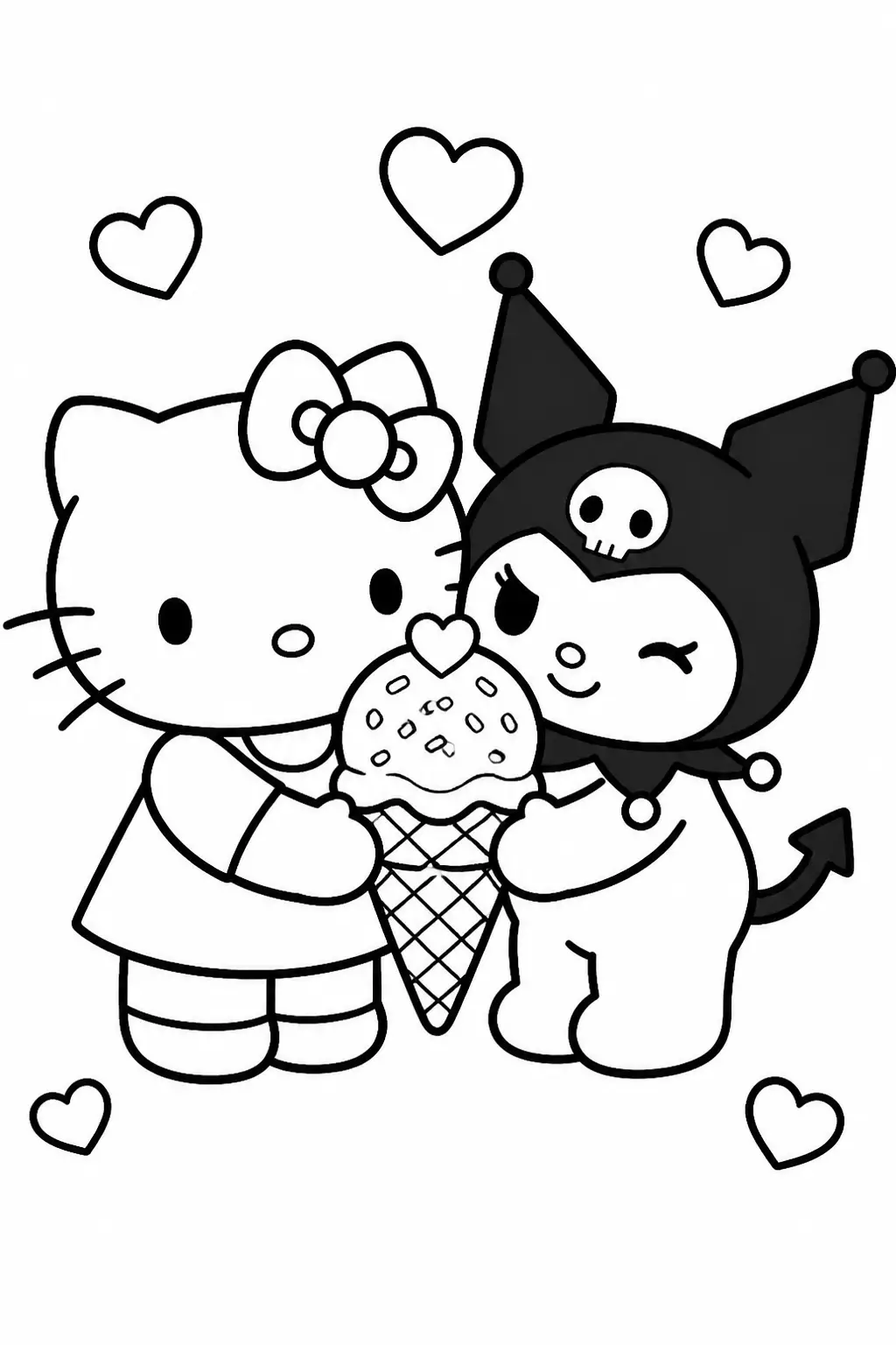 Desenho de Hello Kitty e Kuromi a Comer Sorvete para Colorir