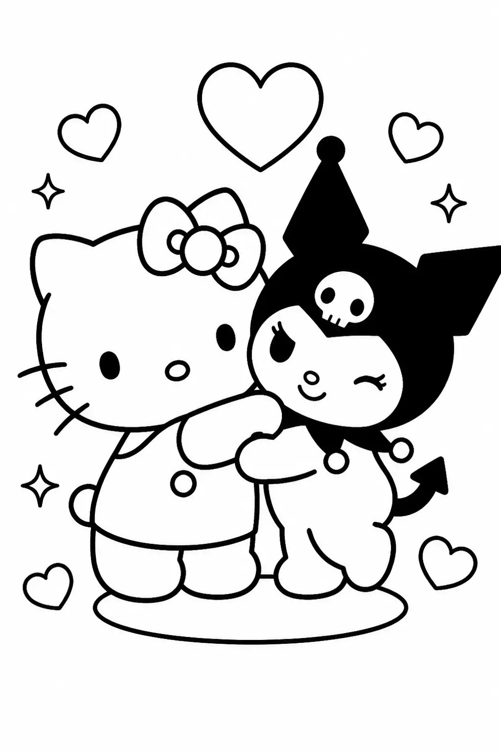 Desenho de Hello Kitty e Kuromi Amigas a Abraçar para Colorir