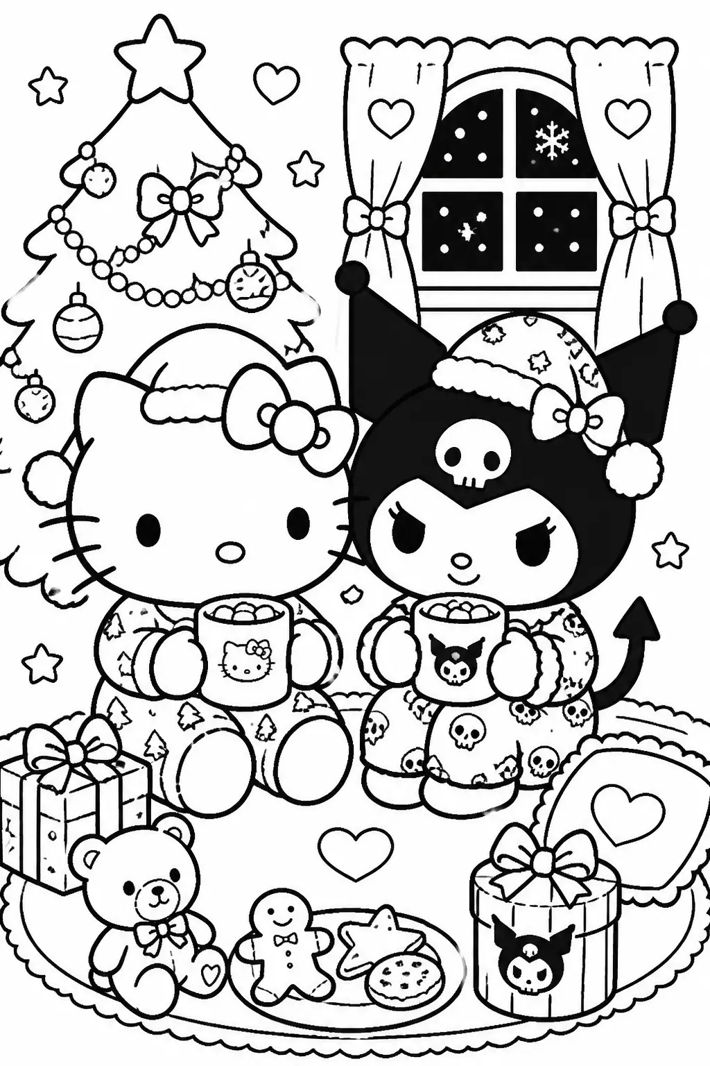 Desenho de Hello Kitty e Kuromi Celebrando o Natal com Presentes para Colorir
