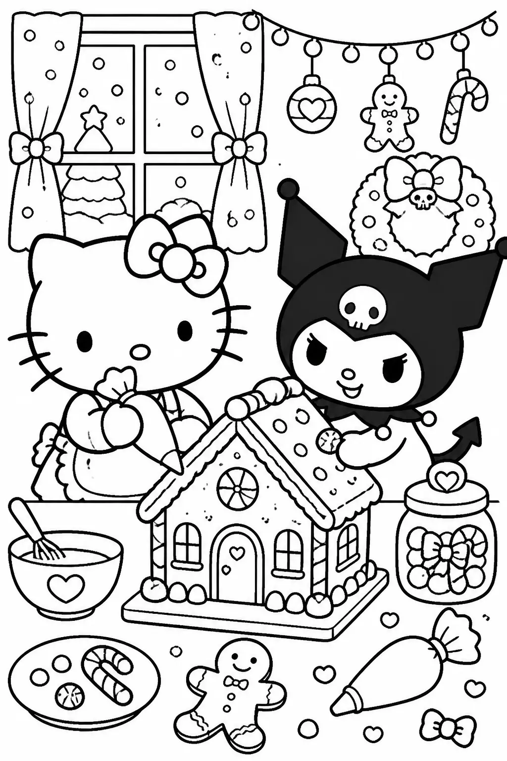 Desenho de Hello Kitty e Kuromi Decorando Casa de Gengibre para Colorir