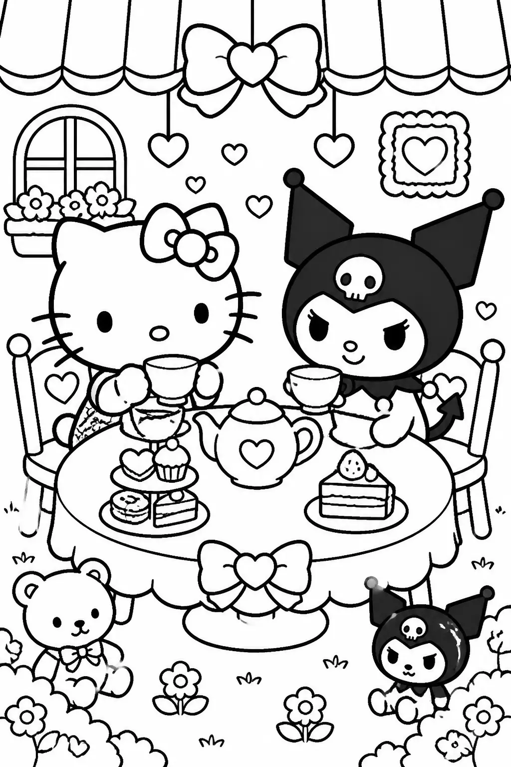Desenho de Hello Kitty e Kuromi em Chá da Tarde para Colorir