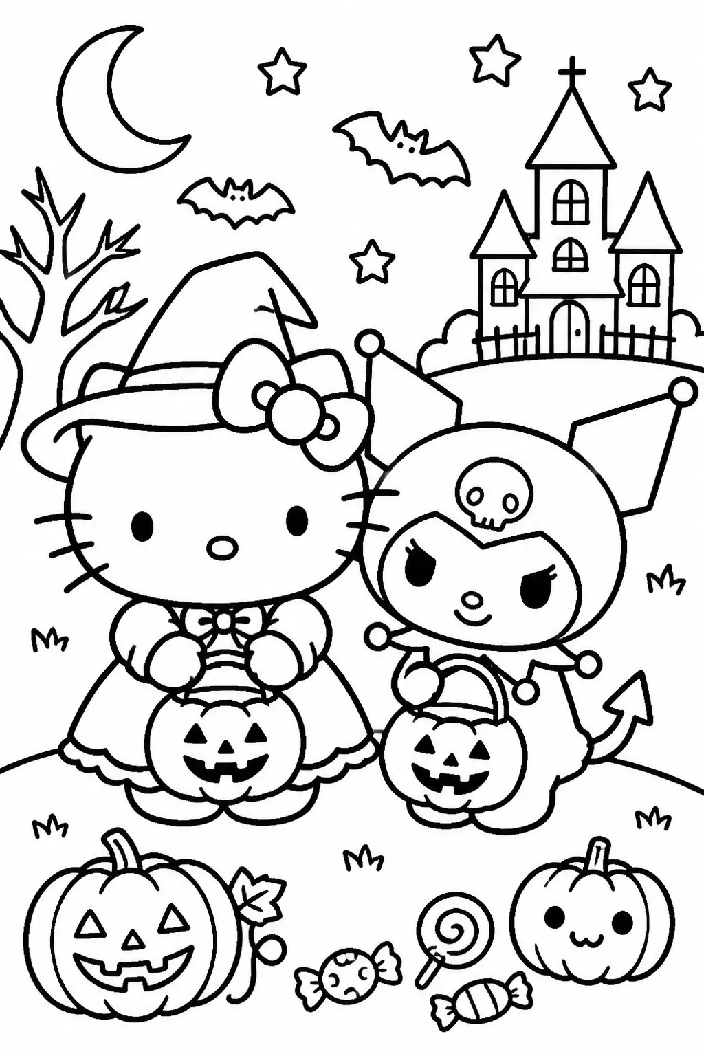 Desenho de Hello Kitty e Kuromi Fantasiadas para Colorir no Halloween