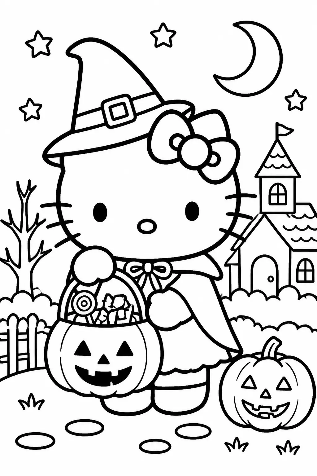 Desenho de Hello Kitty Fantasiada de Bruxa para Colorir