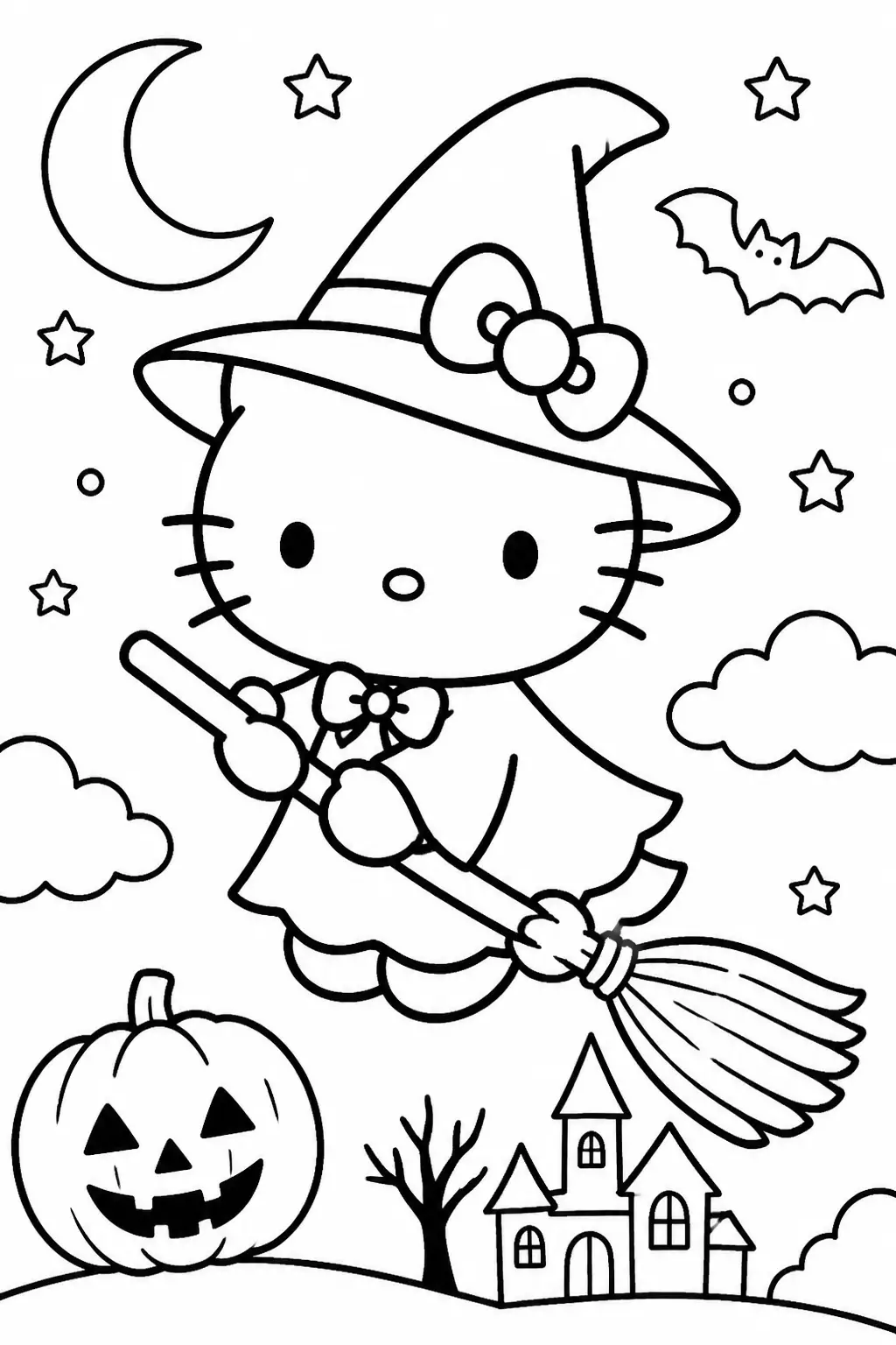 Desenho de Hello Kitty Fantasminha com Vassoura para Colorir