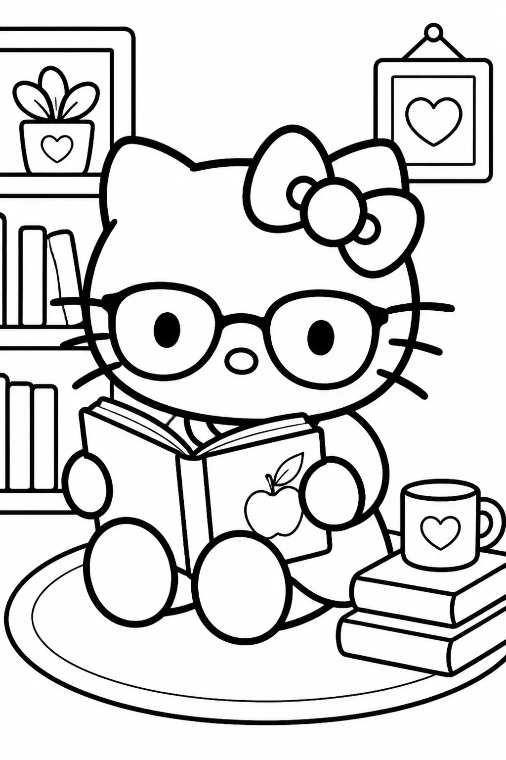 Desenho de Hello Kitty Lendo Livro com Óculos para Colorir