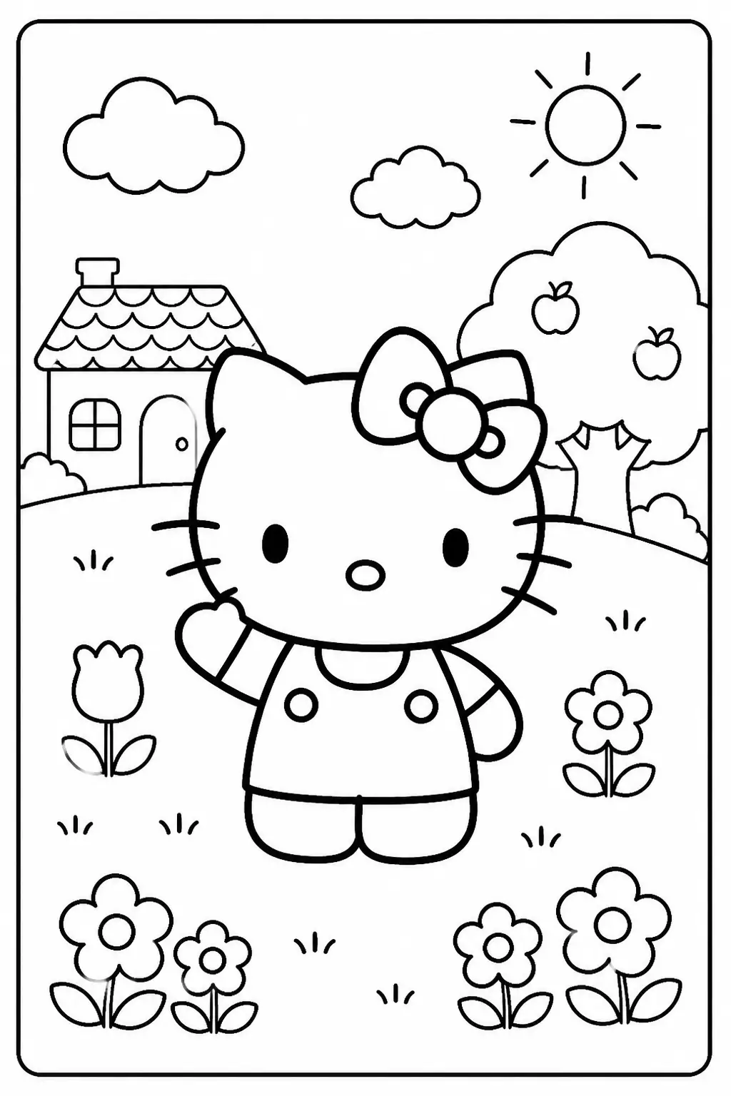 Desenho de Hello Kitty no Jardim com Casa para Colorir