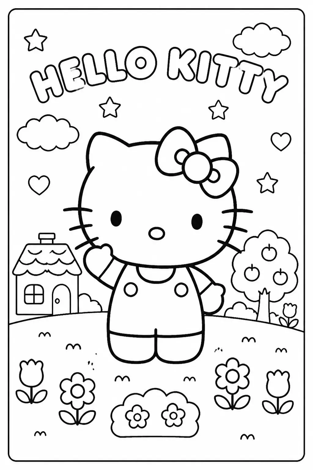 Desenho de Hello Kitty no Jardim com Flores para Colorir