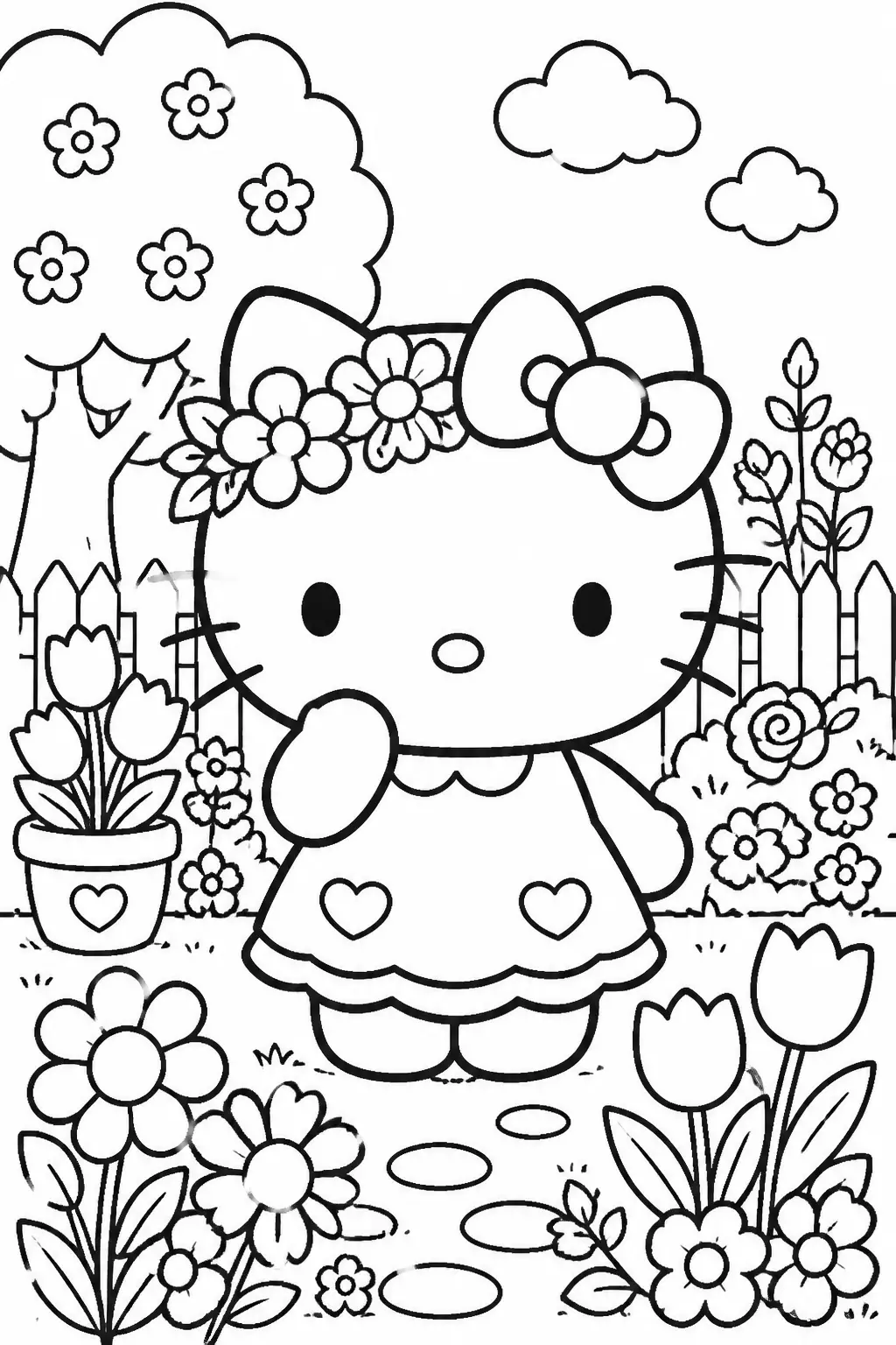 Desenho de Hello Kitty no Jardim com Flores para Colorir