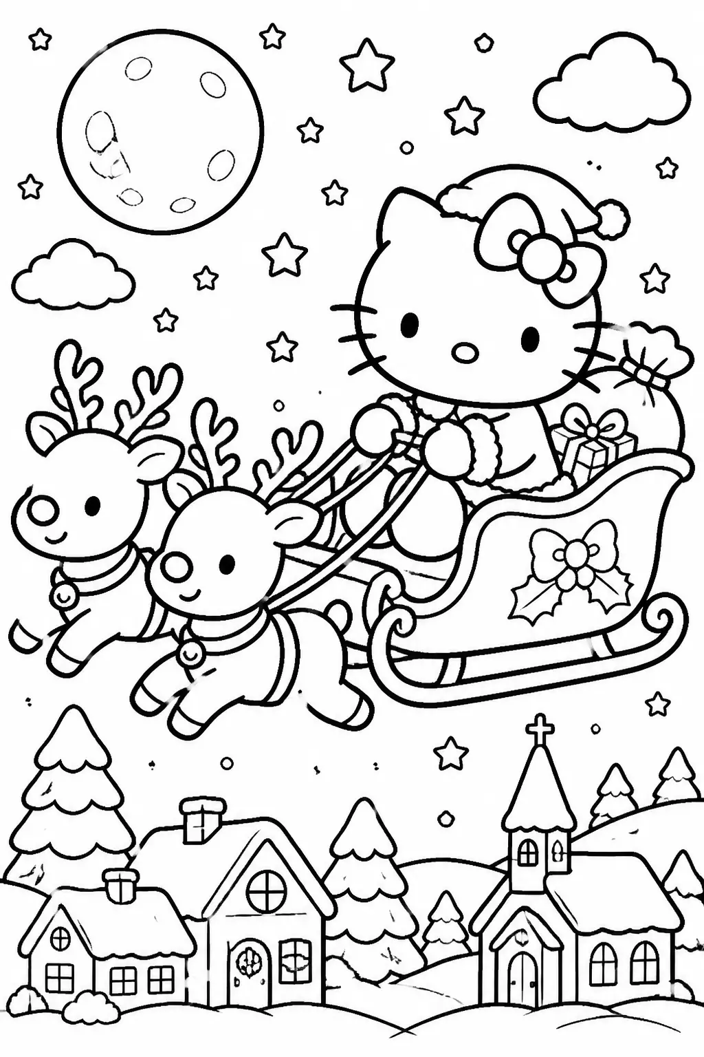 Desenho de Hello Kitty no Trenó com Renas para Colorir