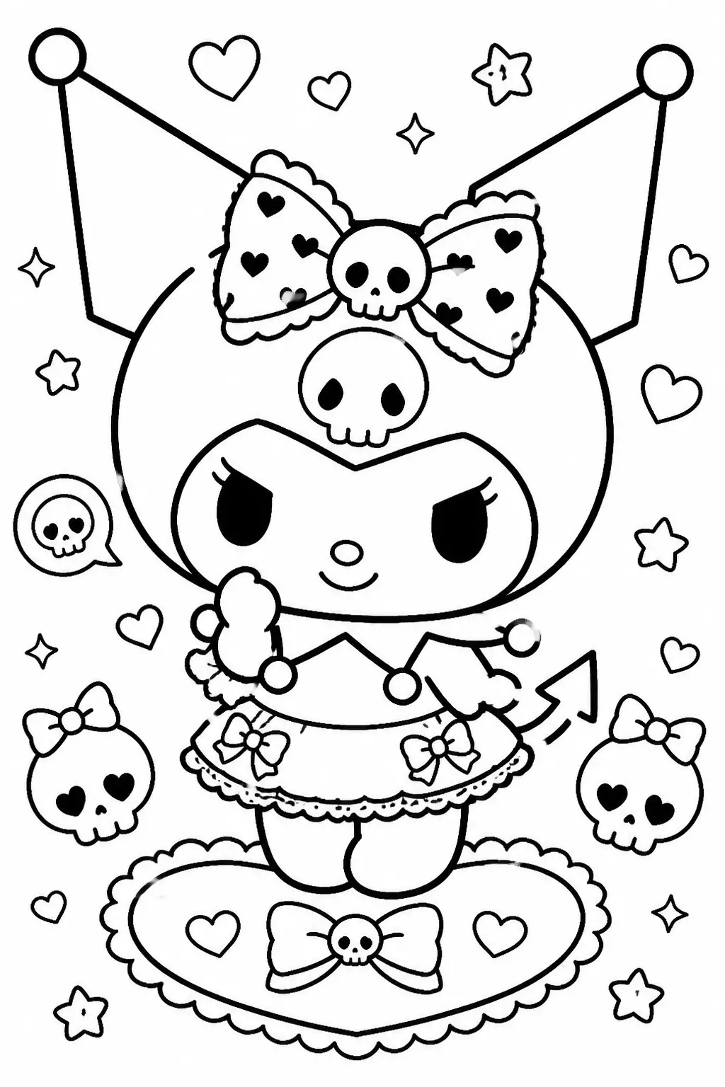 Desenho de Kuromi com Laços e Caveirinhas para Colorir