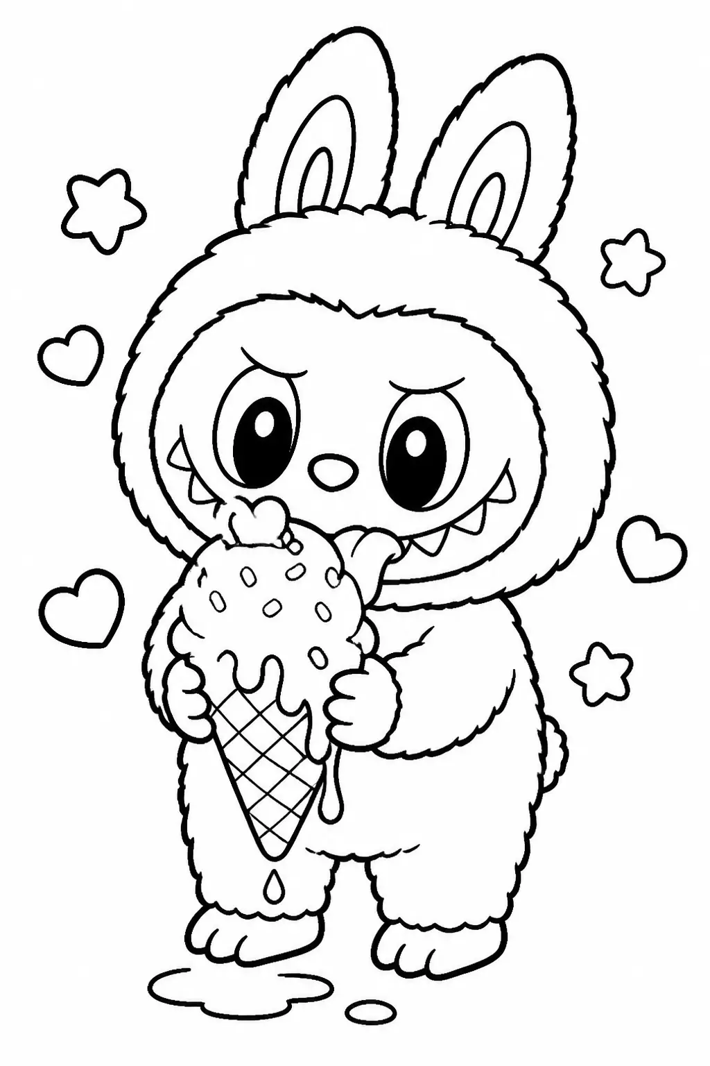 Desenho de Labubu a Comer Sorvete Fofo para Colorir
