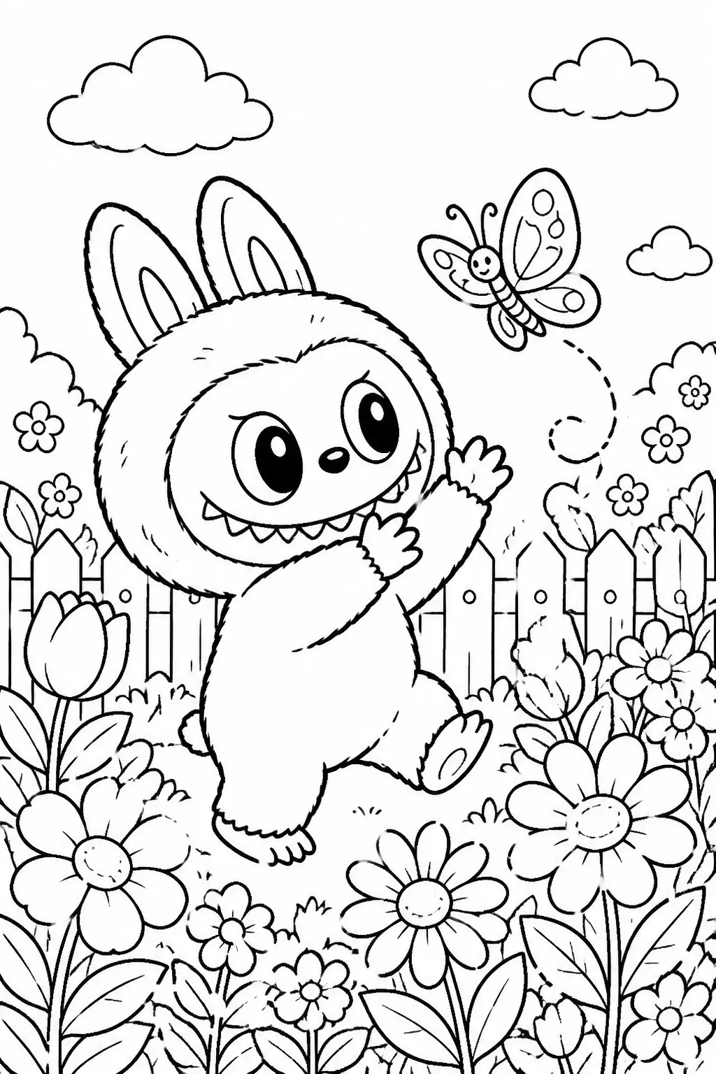 Desenho de Labubu Brincando com Borboleta no Jardim para Colorir