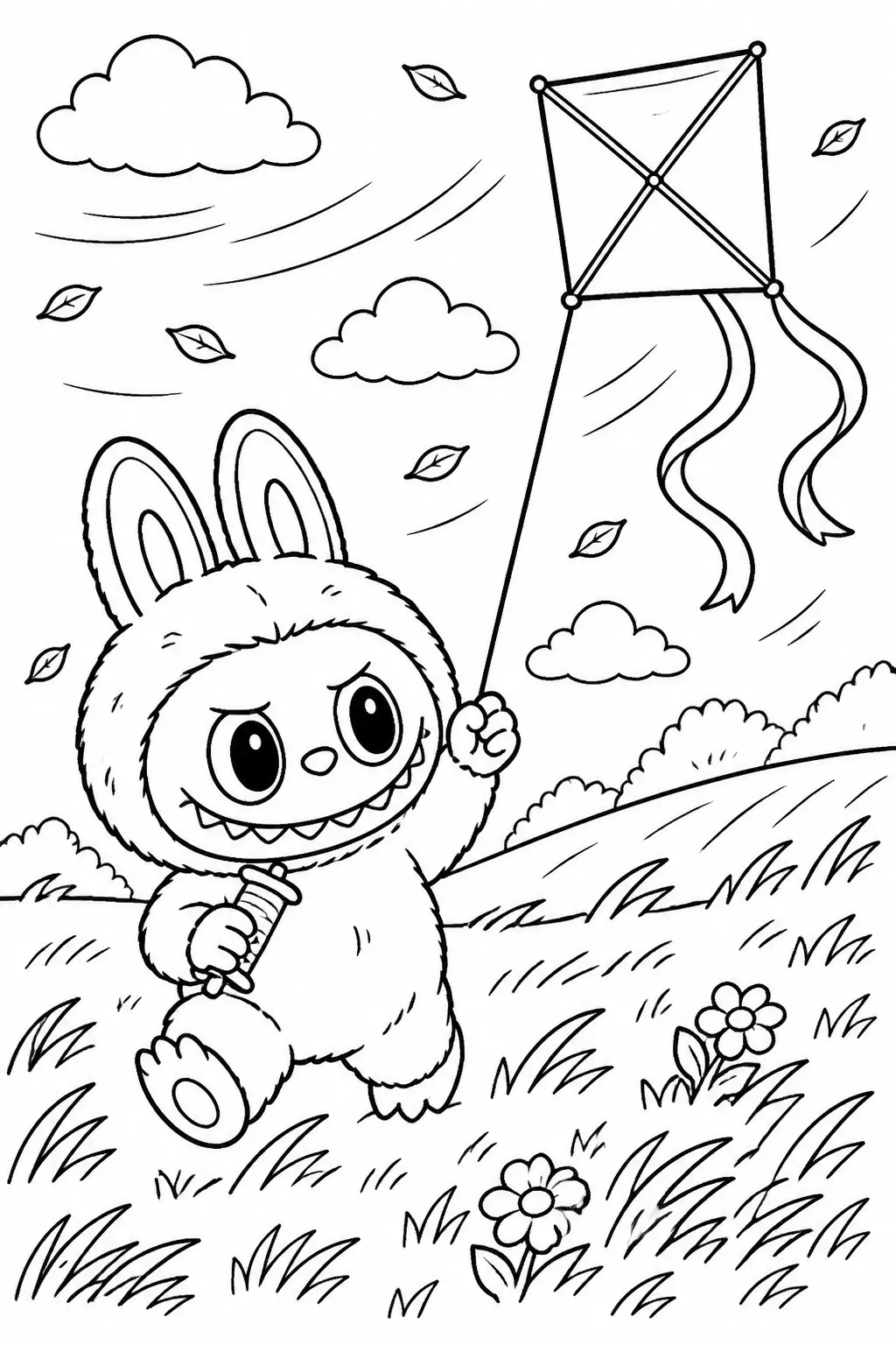 Desenho de Labubu Brincando com Pipa para Colorir