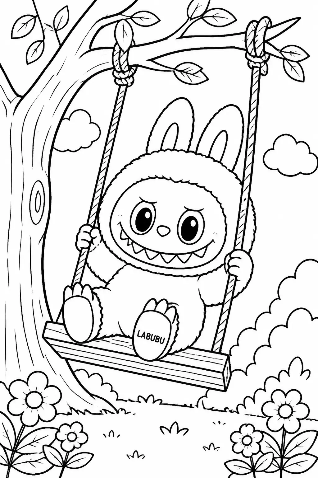 Desenho de Labubu Brincando no Balanço para Colorir