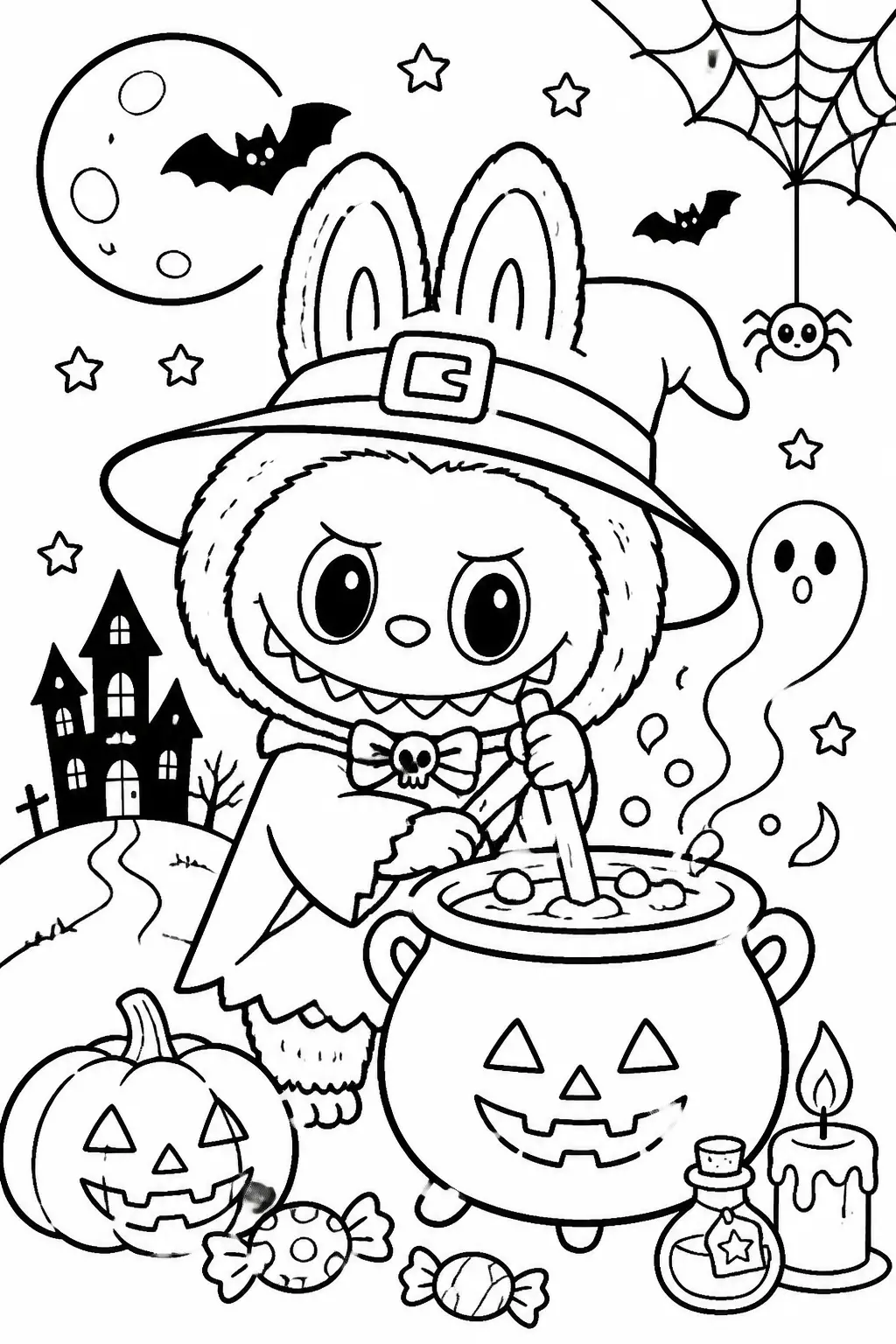 Desenho de Labubu Bruxa Fazendo Poção para Colorir