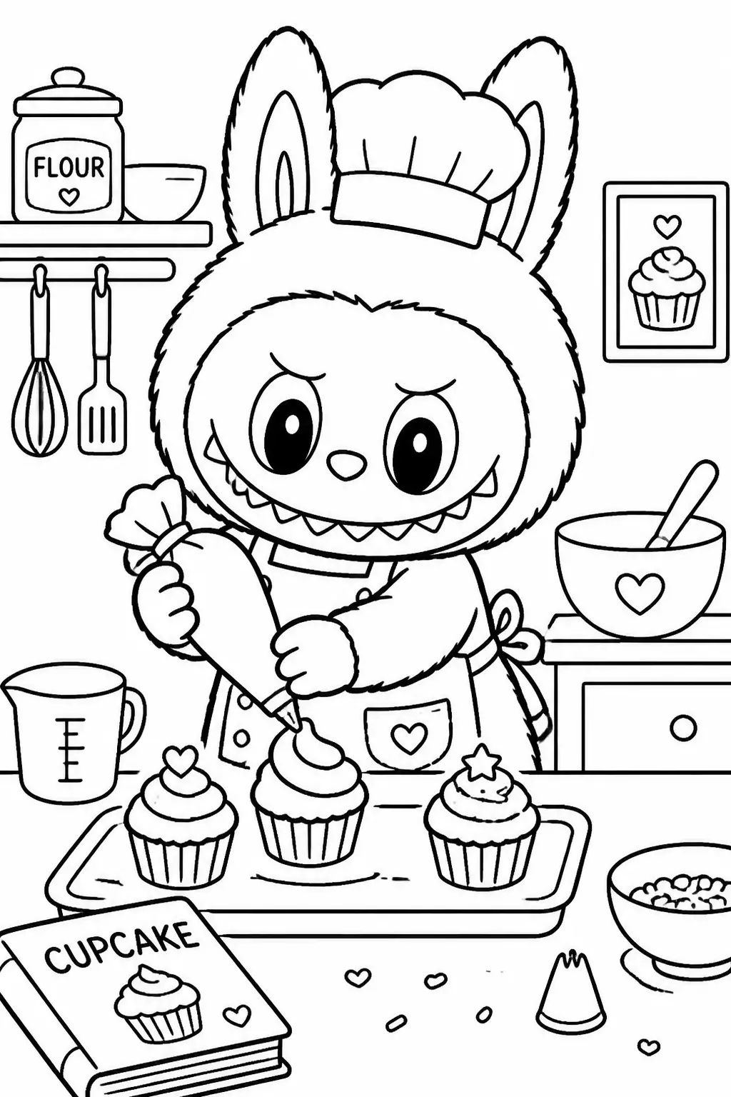 Desenho de Labubu Chef a Decorar Cupcakes para Colorir