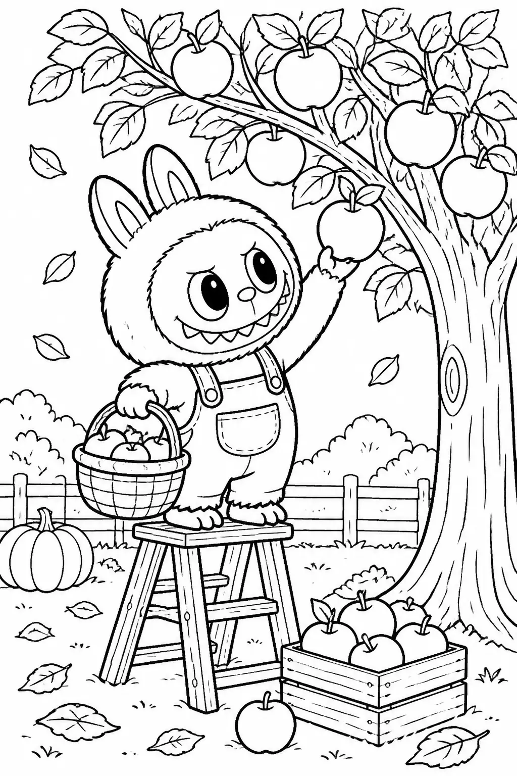Desenho de Labubu Colhendo Maçãs no Pomar para Colorir