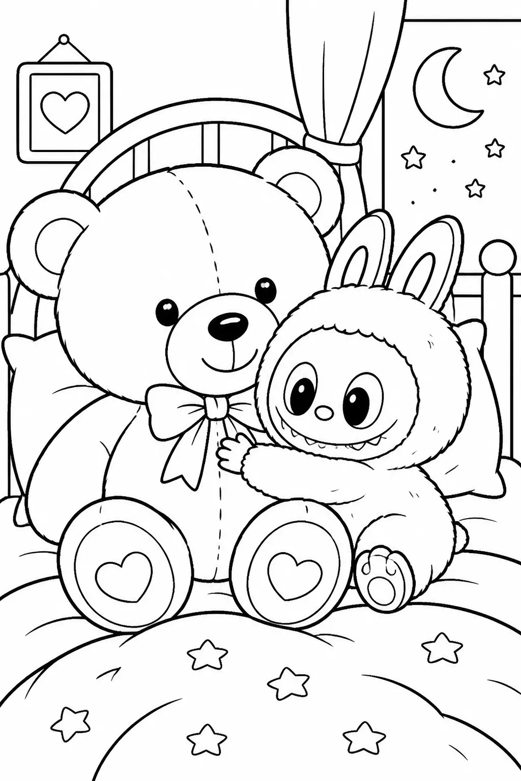 Desenho de Labubu com Urso de Pelúcia para Colorir