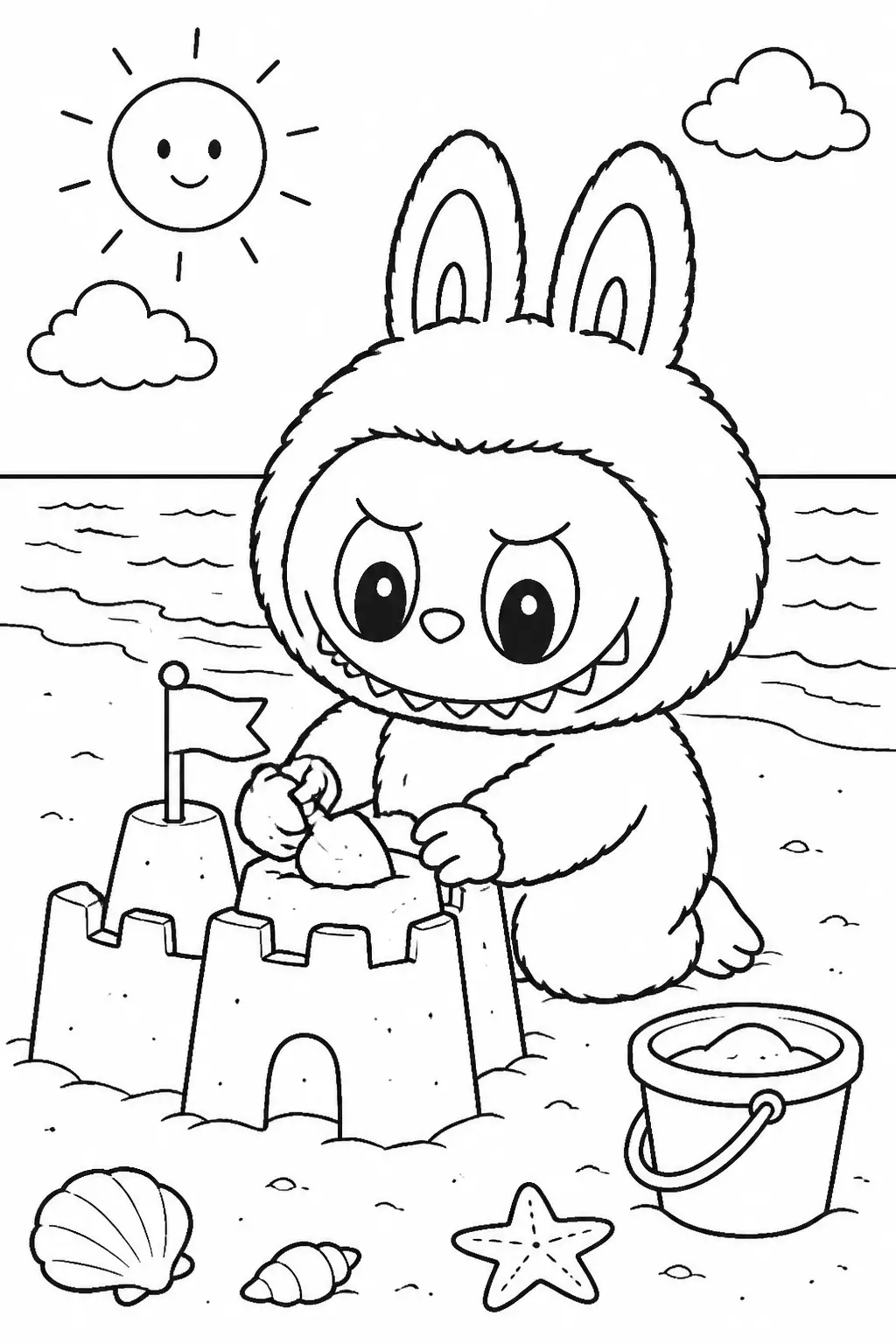 Desenho de Labubu Construindo Castelo de Areia para Colorir
