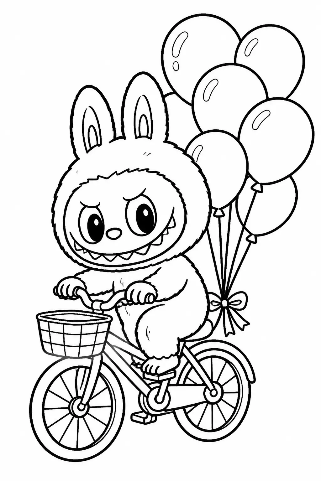 Desenho de Labubu de Bicicleta com Balões para Colorir