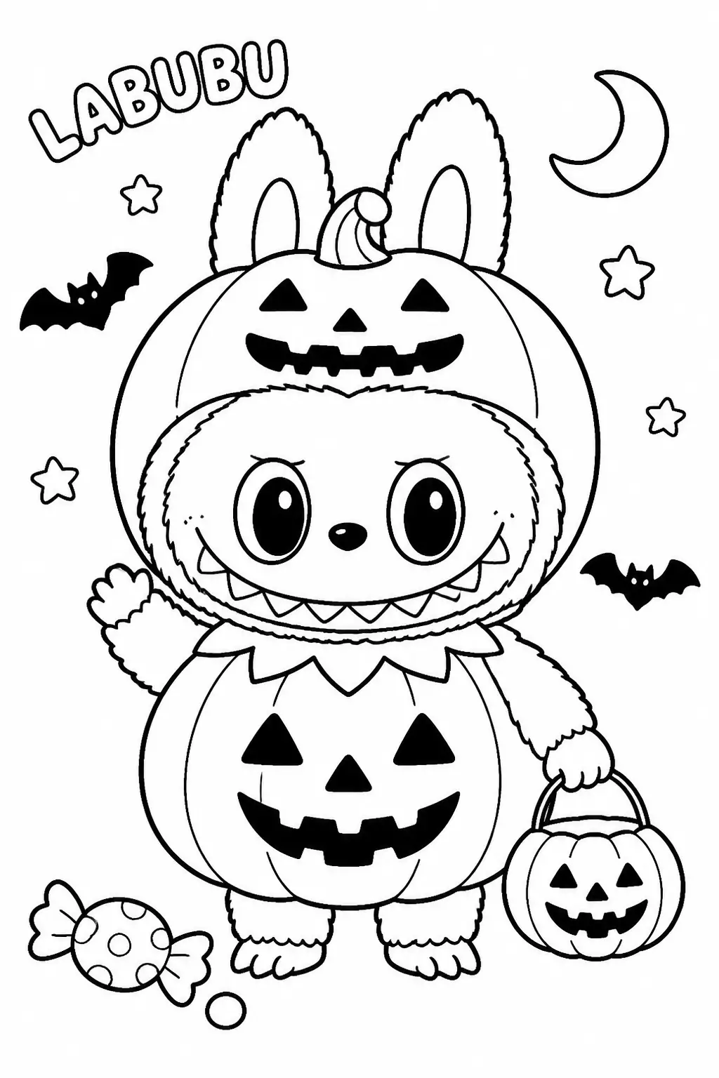 Desenho de Labubu Fantasiado de Abóbora para Colorir