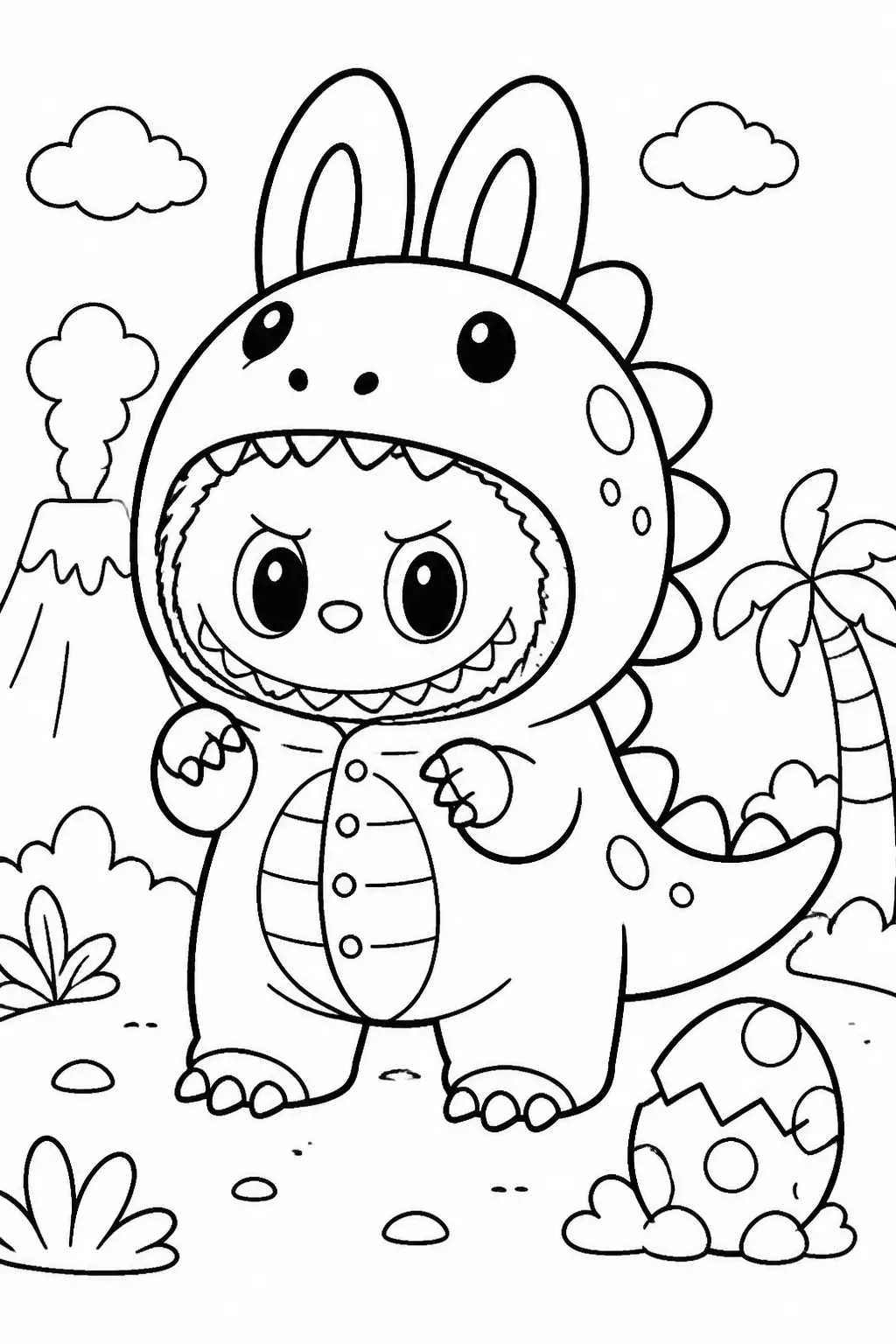 Desenho de Labubu Fantasiado de Dinossauro para Colorir