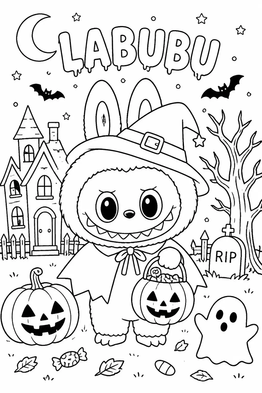 Desenho de Labubu Fantasminha de Halloween para Colorir