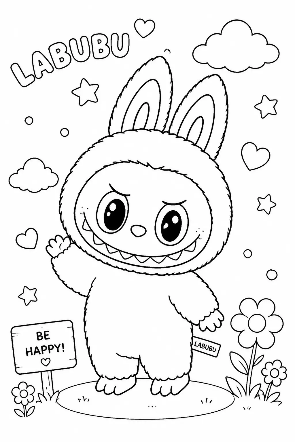 Desenho de Labubu Feliz com Mensagem para Colorir