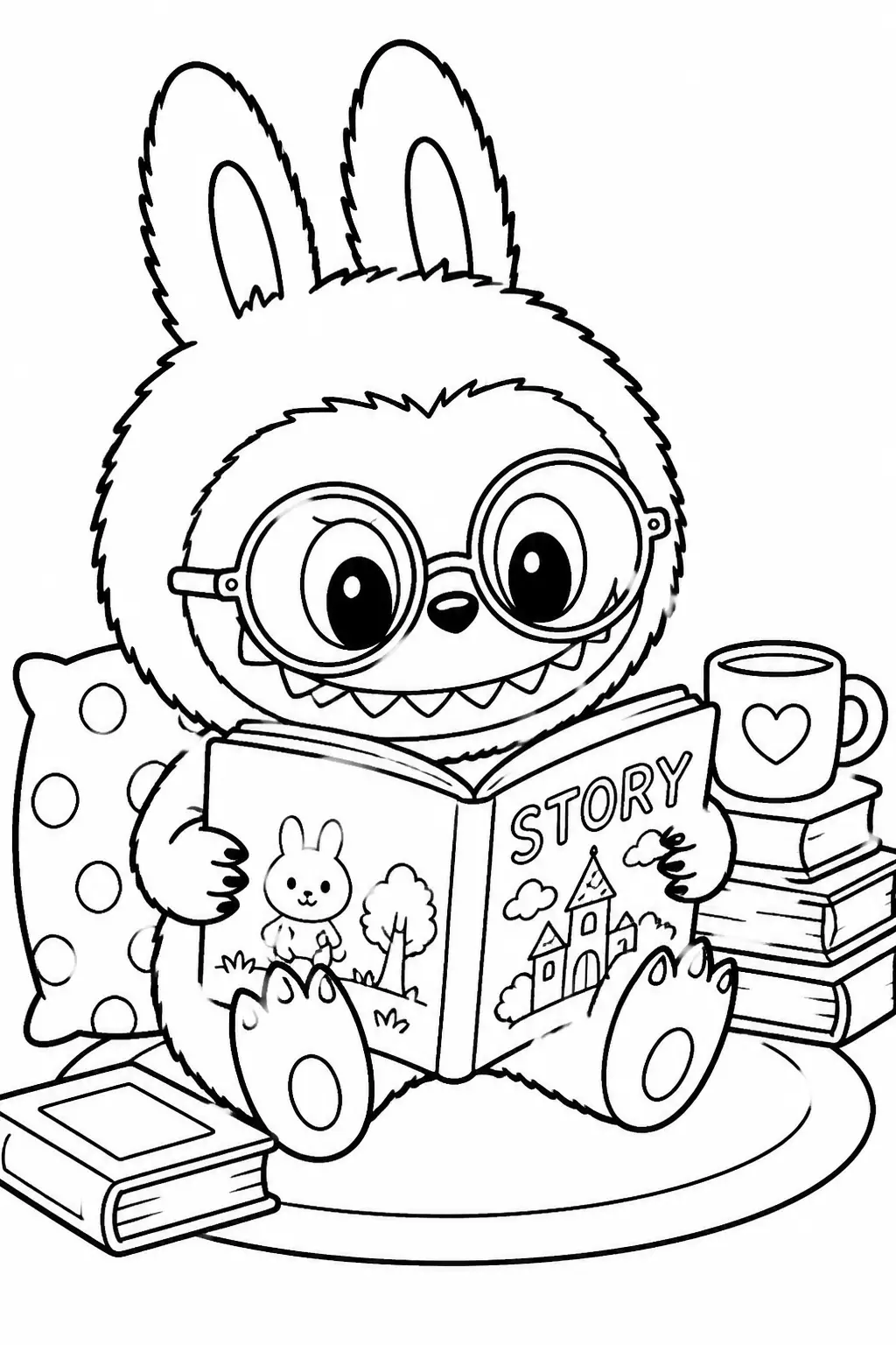Desenho de Labubu Lendo Livro Fofo para Colorir