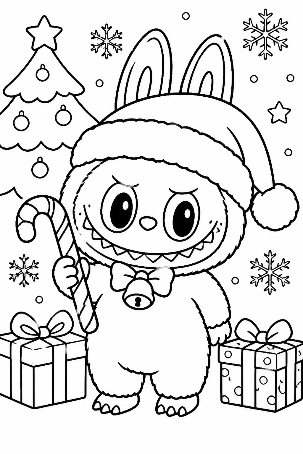 Desenho de Labubu Natalino com Capa de Papai Noel para Colorir