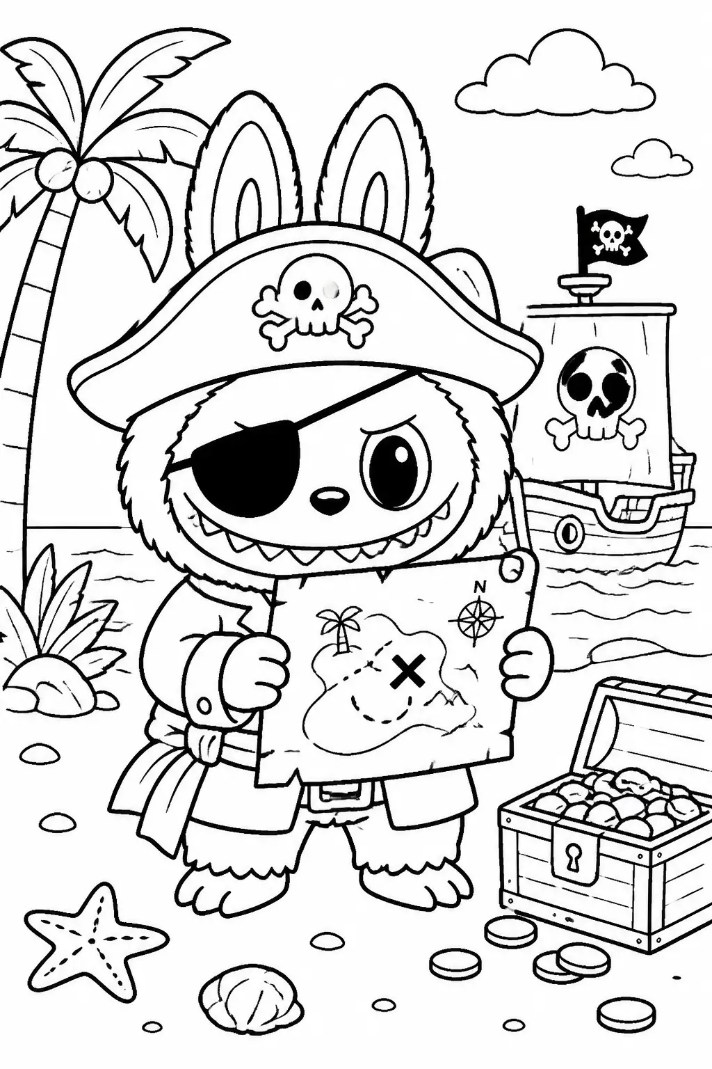Desenho de Labubu Pirata com Mapa do Tesouro para Colorir
