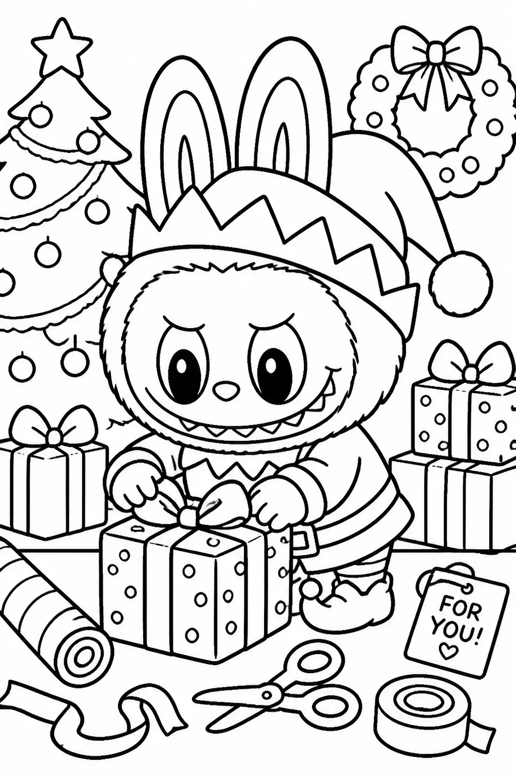 Desenho de Labubu Preparando Presentes de Natal para Colorir