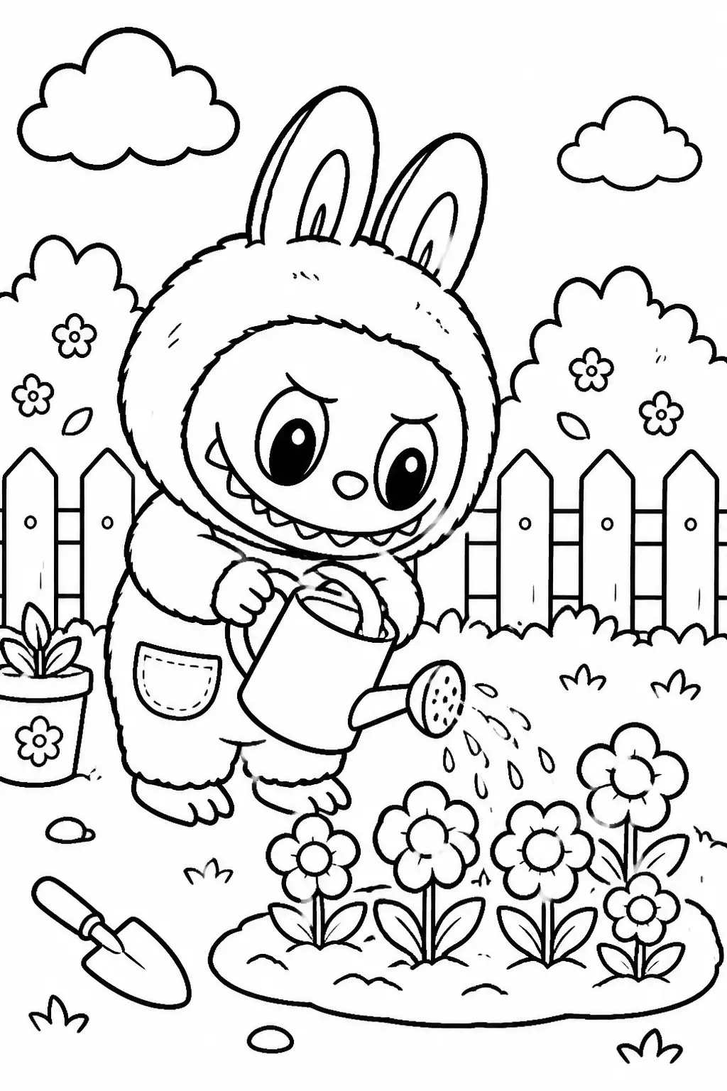 Desenho de Labubu Regando Flores no Jardim para Colorir