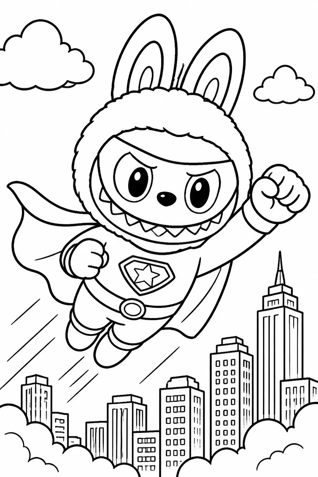 Desenho de Labubu Super Herói Voando sobre a Cidade para Colorir