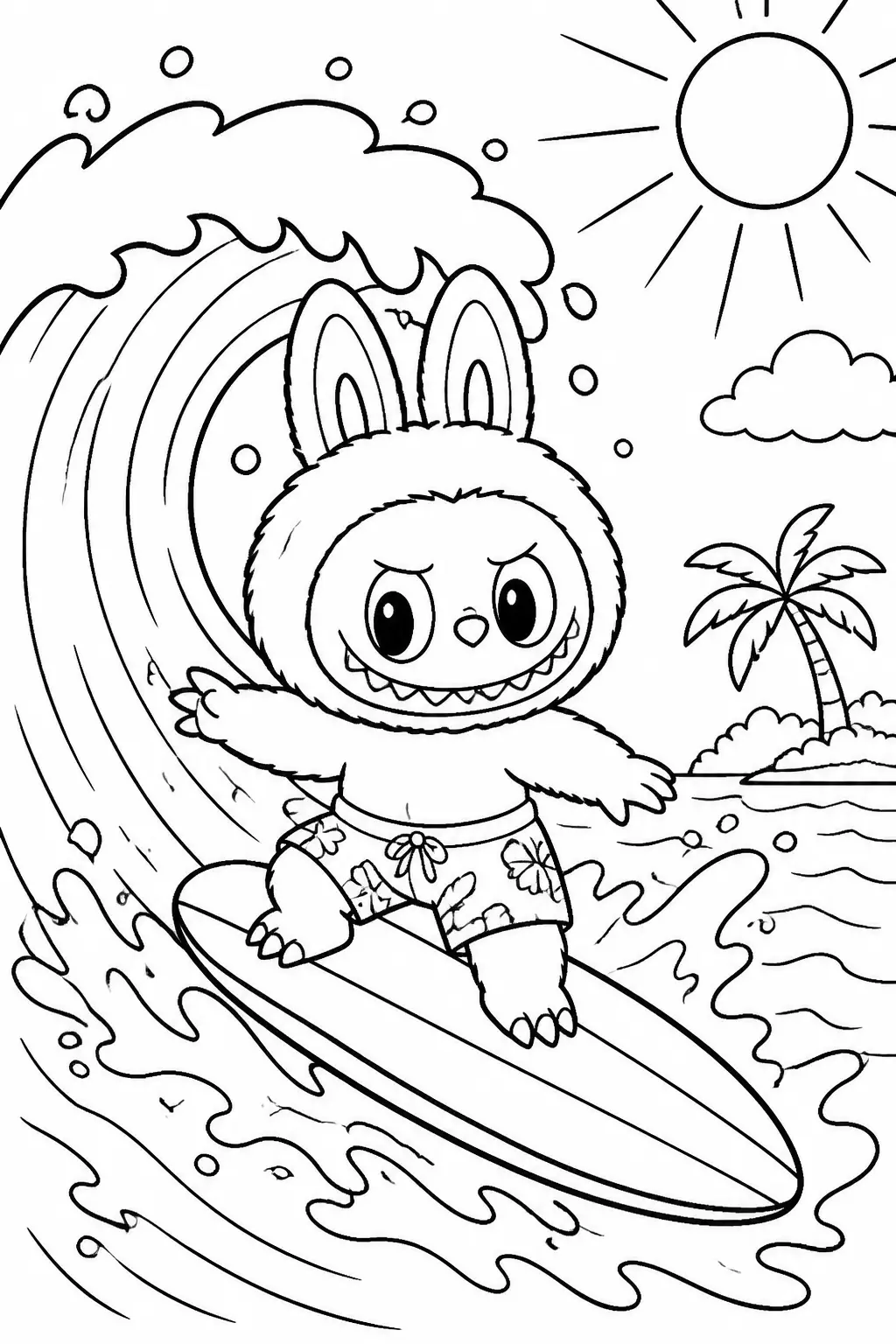Desenho de Labubu Surfando na Onda para Colorir