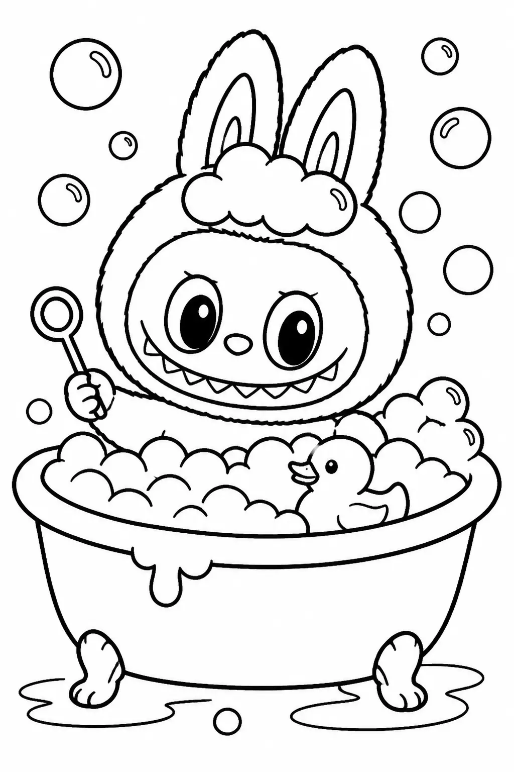 Desenho de Labubu Tomando Banho de Espuma para Colorir