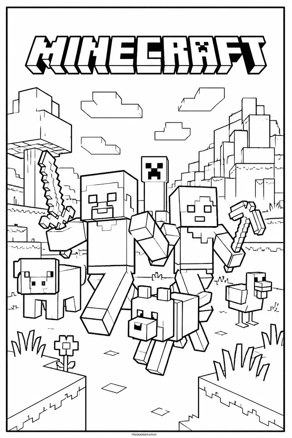 Desenho de Minecraft com Steve, Creeper e Animais para Colorir