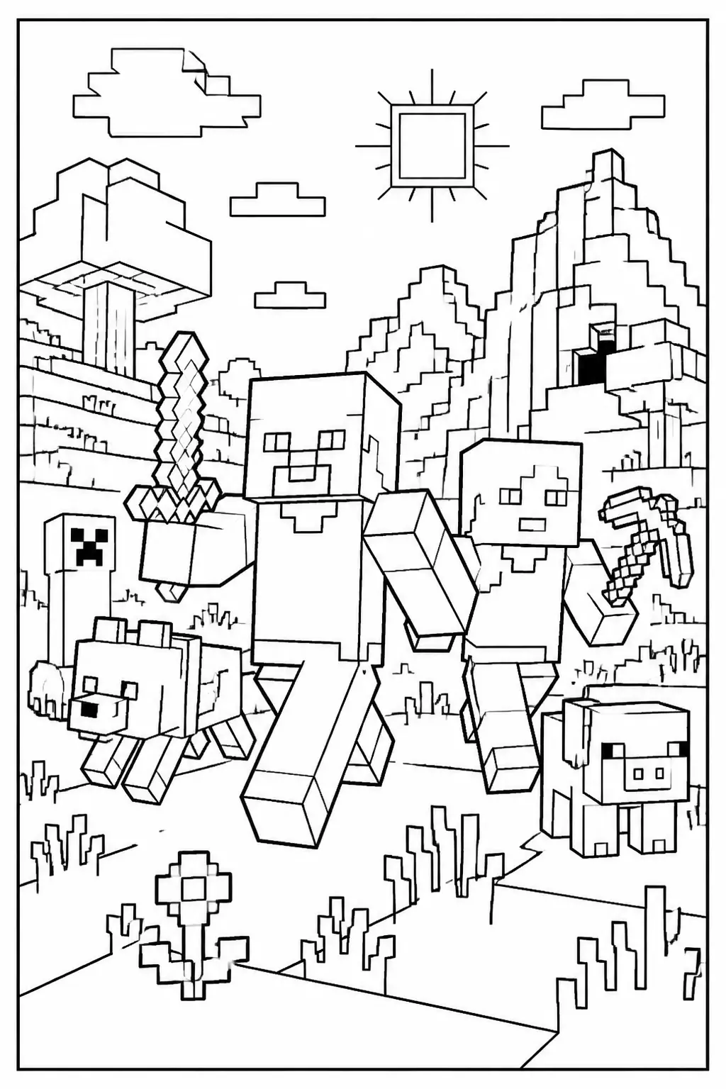 Desenho de Minecraft com Steve e Alex Aventurando se com Espadas e Animais para Colorir