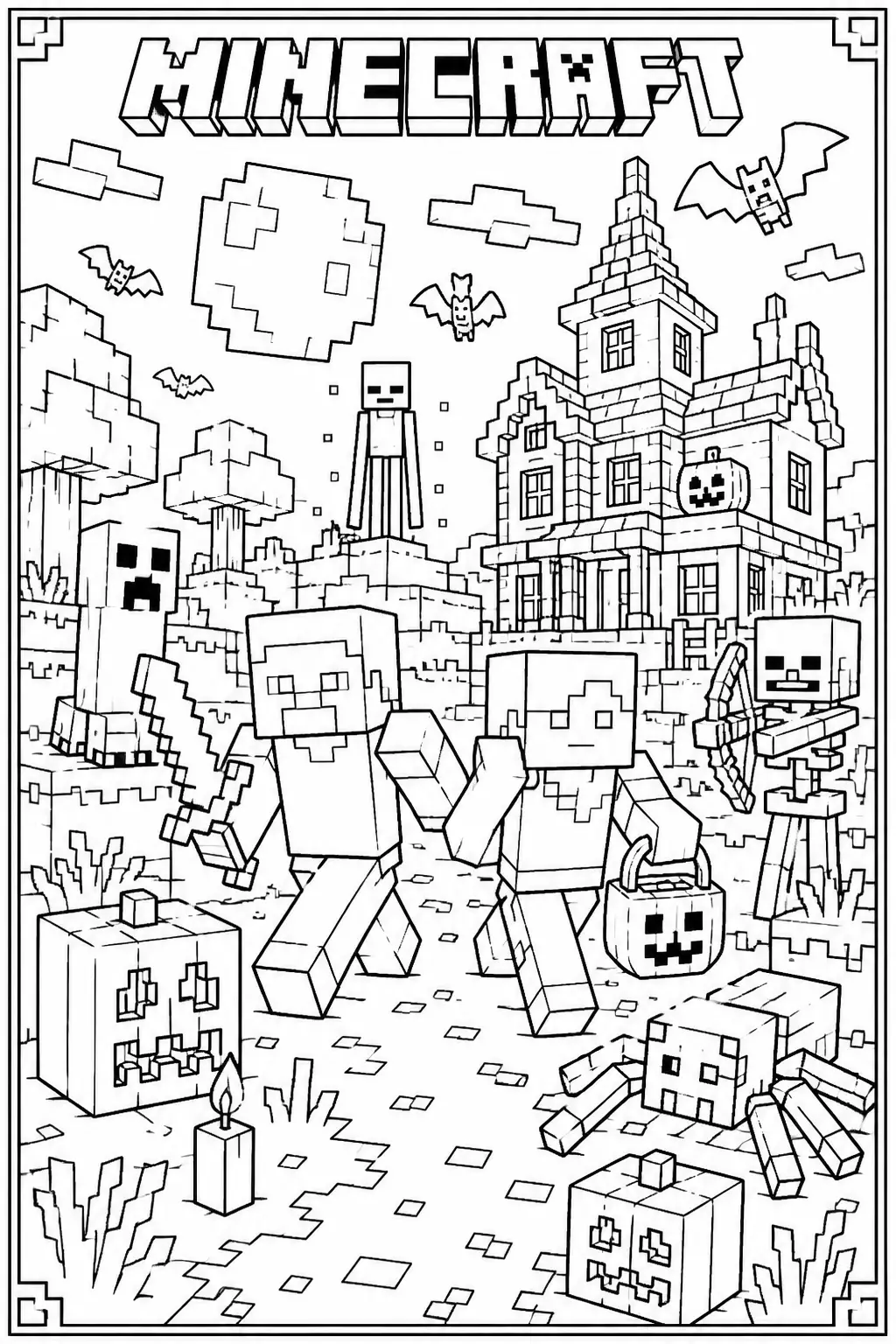 Desenho de Minecraft com Steve e Creeper em Noite de Halloween para Colorir