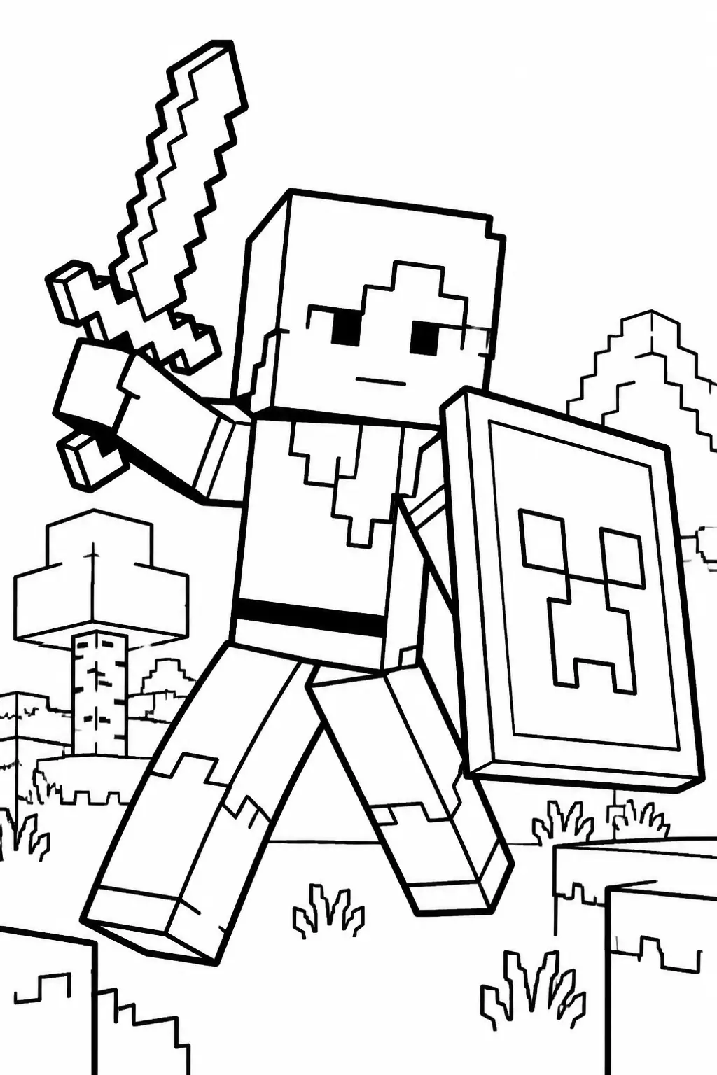 Desenho de Minecraft da Alex com Espada e Escudo para Colorir